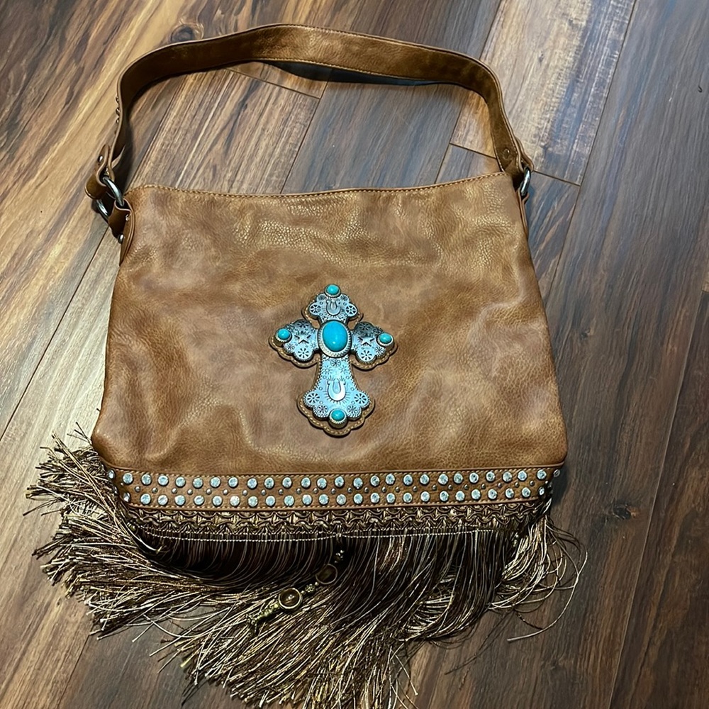 Montana West Turquoise Cross Brown Fringe Purse